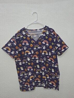 GREENTOWN 2X Adult SCRUB TOP Purple Halloween Rainbow & Cat Print